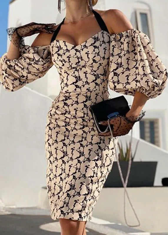 New Apricot Printed Off Shoulder Cotton Dress Lantern Sleeve