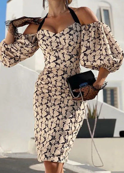 New Apricot Printed Off Shoulder Cotton Dress Lantern Sleeve
