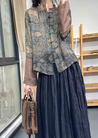 Blue Stand Collar Print Chinese Button Ramie Linen Top Long Sleeve