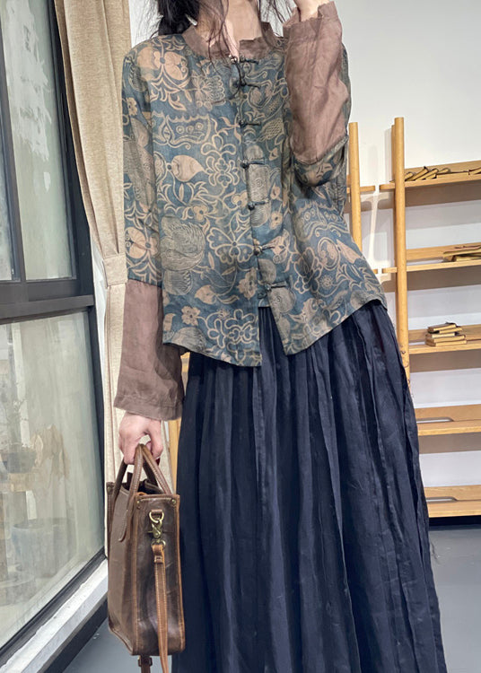 Blue Stand Collar Print Chinese Button Ramie Linen Top Long Sleeve