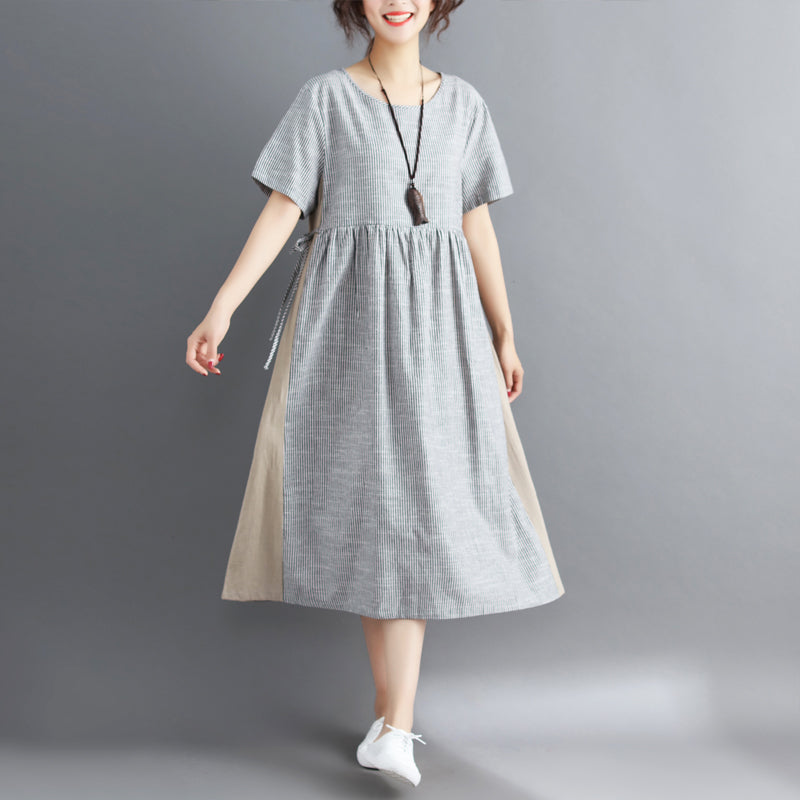 Striped Midi Cotton Linen Dresses Traveling Dress Short Sleeve Tie Waist V Neck Cotton Linen Clothing
