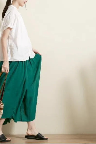Summer Green and Purple Loose Linen Skirt for