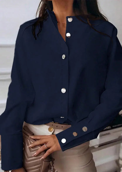 Modern White Stand Collar Button Cotton Blouse Top Spring