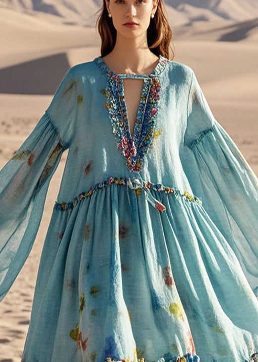 Blue Oversized Print Cotton Beach Dress Fall