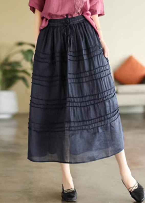 Dark Blue Patchwork Elastic Waist Ramie a Line Skirts