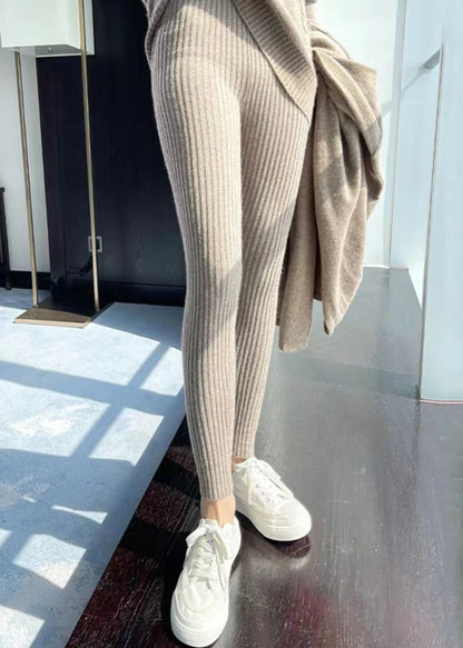Slim Fit Khaki Striped Elastic Waist Woolen Crop Pants