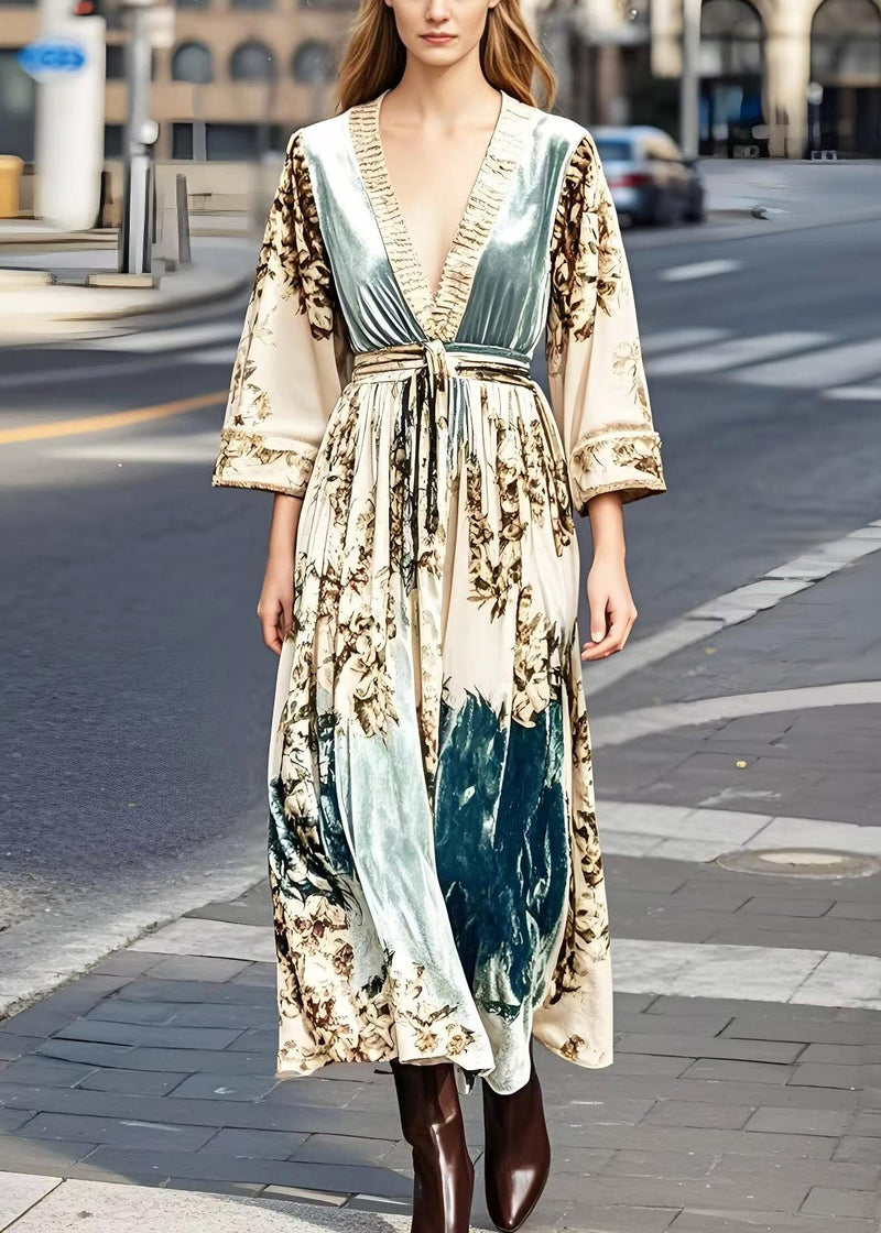 Apricot Print Exra Large Hem Silk Velvet Vacation Dresses Spring