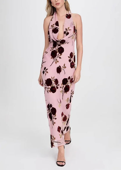 Pink Rose Tulle Backless Halter Dress Sleeveless