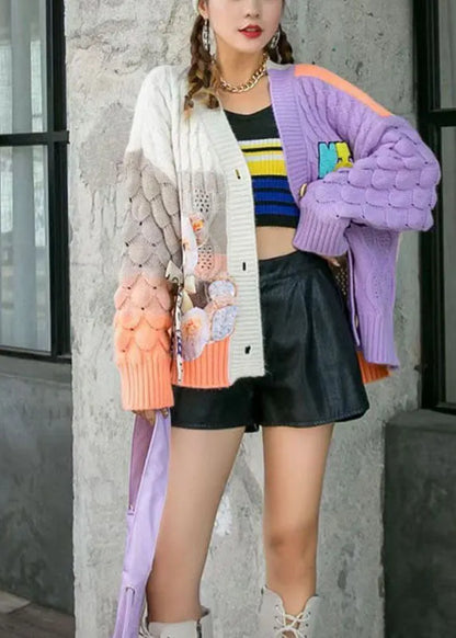 Purple Loose Patchwork Fall Coat Sweater