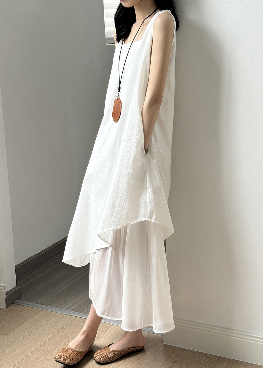 New White Square Collar Patchwork Cotton Long Dresses Sleeveless