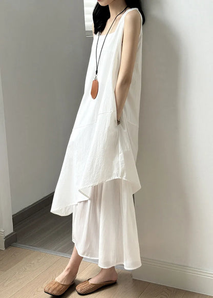 New White Square Collar Patchwork Cotton Long Dresses Sleeveless