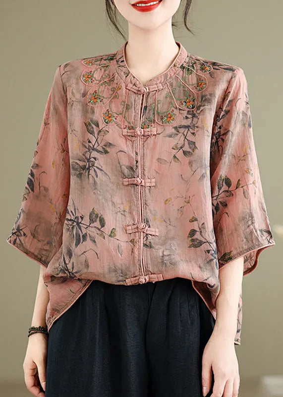 Handmade Pink O-neck Print Embroidered Button Top Half Sleeve