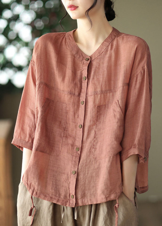 Red O-neck Oversized Pockets Linen Blouses Bracelet Sleeve