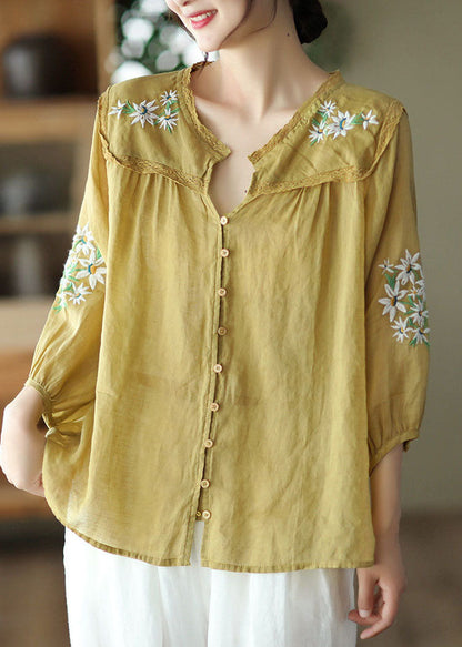 Italian Yellow Embroidered Lace Patchwork Linen Shirt Tops Bracelet Sleeve