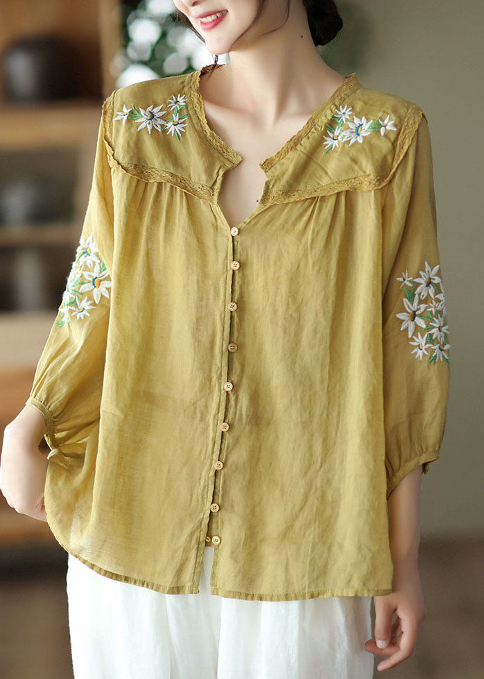 Italian Yellow Embroidered Lace Patchwork Linen Shirt Tops Bracelet Sleeve