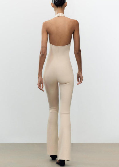 Slim Fit Beige Backless Zippered Cotton Jumpsuit Sleeveless