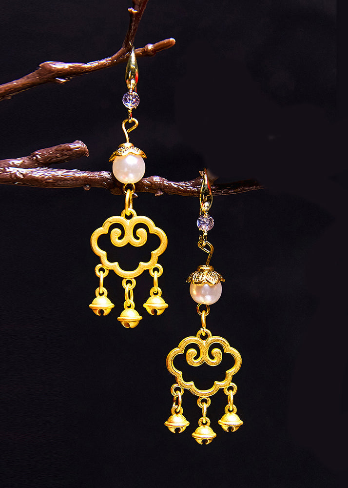 Art Small Bell Auspicious Clouds 14k Gold Pearl Drop Earrings