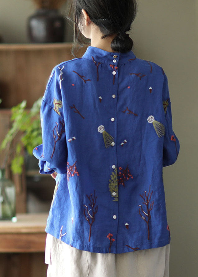 Stylish Yellow Flower Embroidered Retro Linen Blouse Tops Spring