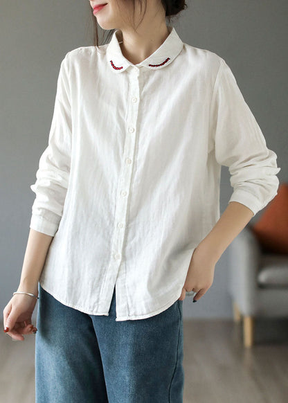 Natural White Peter Pan Collar Embroidered Cotton Shirt Tops Long Sleeve
