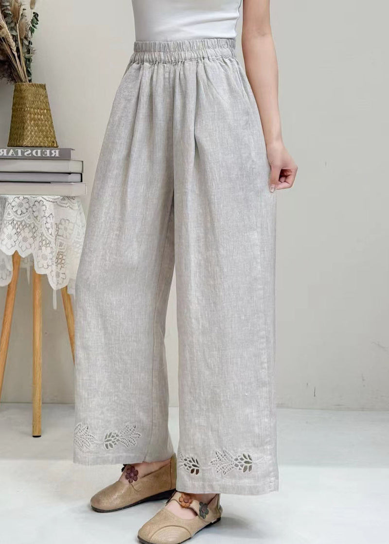 Italian White Embroidered Hollow Out Linen Wide Leg Pants Summer