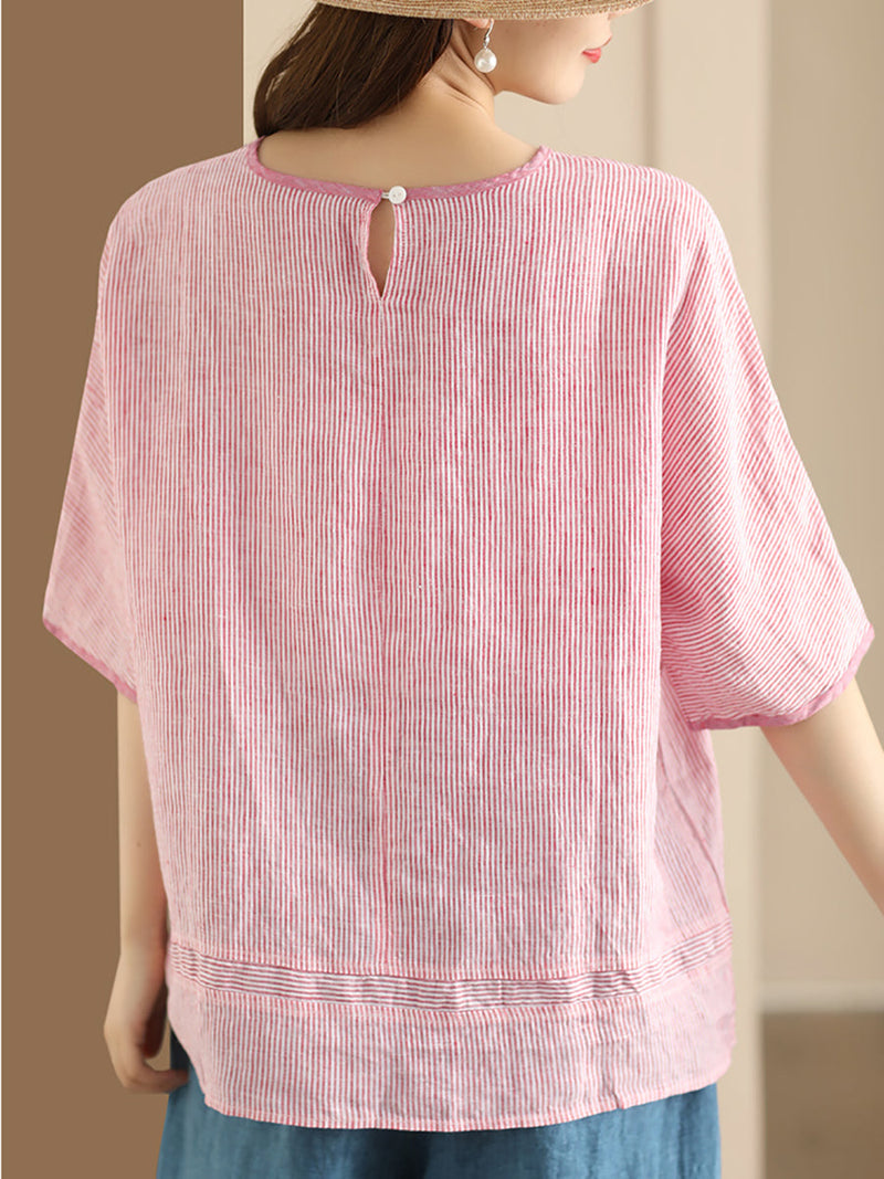 Summer Stripe Spliced Linen Shirt