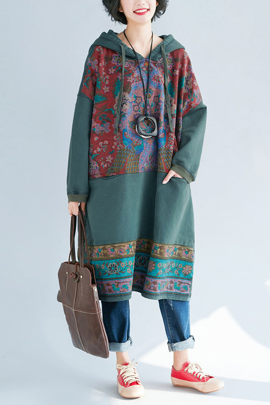 - Printed Hooded Sweater Knitted Denim Dress