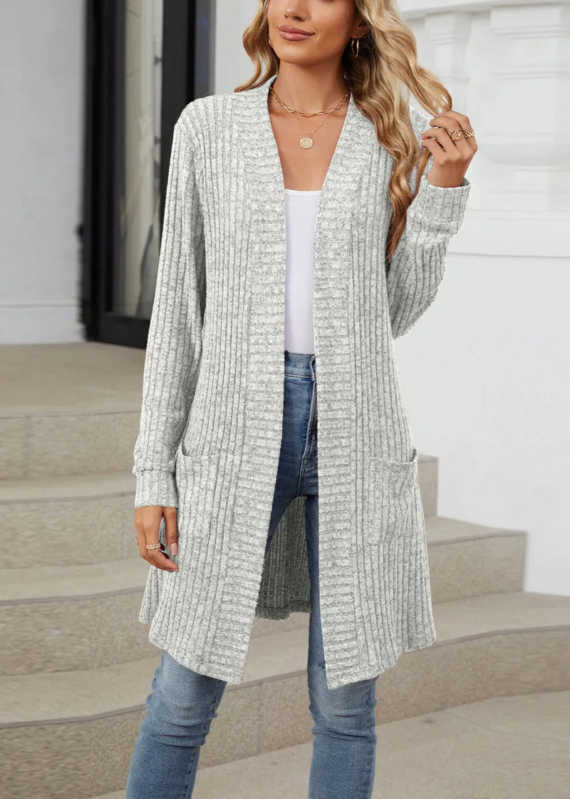Loose Light Grey Pockets Knit Cardigan Fall