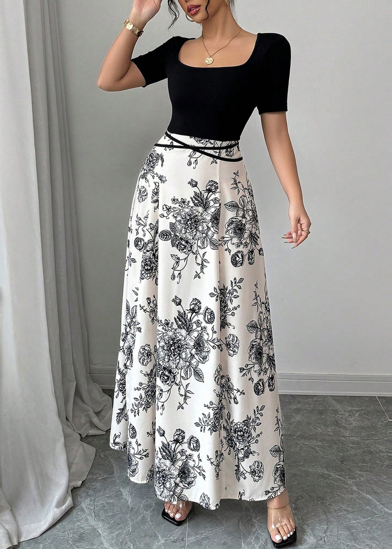 Black O Neck Print Cotton Long Dress Summer