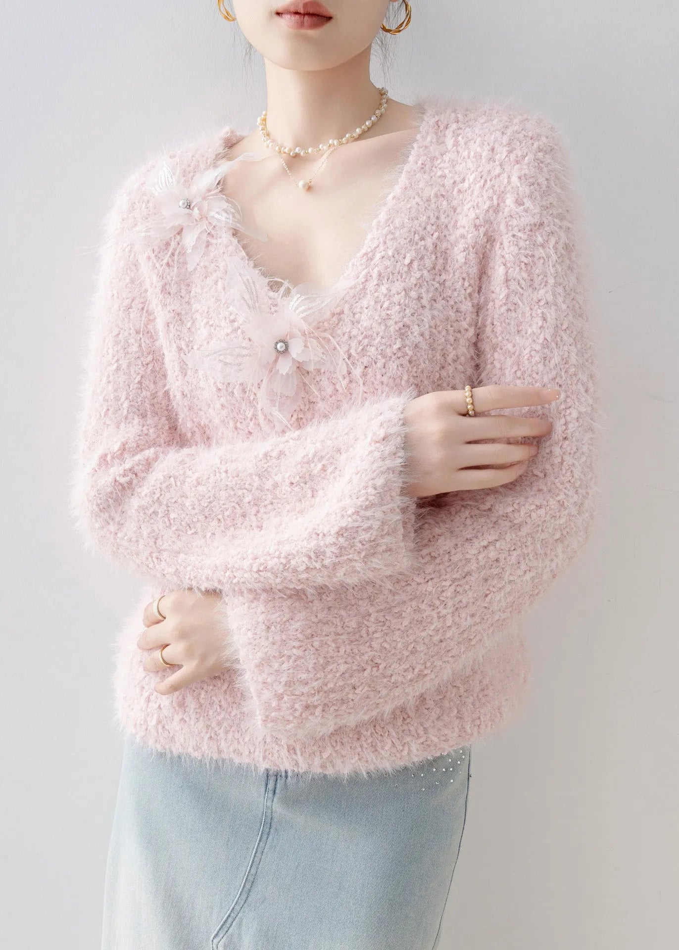 French Pink V Neck Knit Sweater Tops Spring
