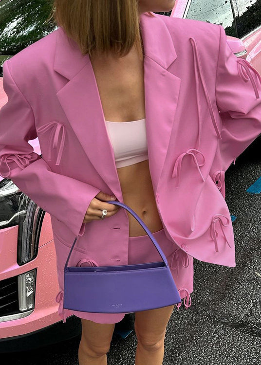 Pink Peter Pan Collar Pockets Bow Suit Coat Fall
