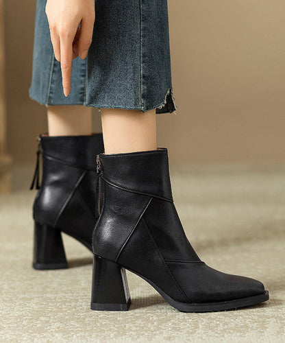 Brown Zippered Faux Leather Splicing Chunky Boots