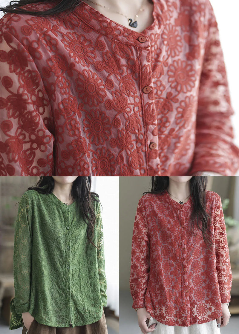 Organic Red O-neck Embroidered Lace Shirt Tops Spring