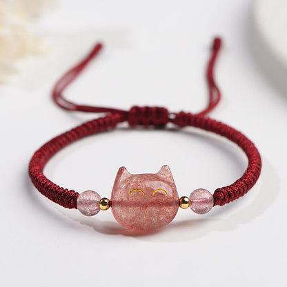 Buddha Stones Handmade Natural Silver Sheen Obsidian Strawberry Quartz Cat Protection Braided Bracelet
