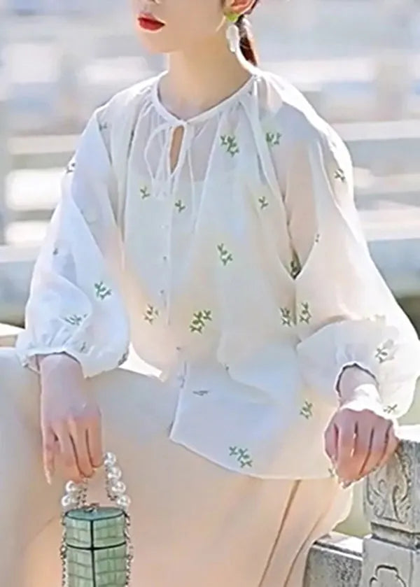 White Embroidered Lace Up Cotton Shirt Set Spring
