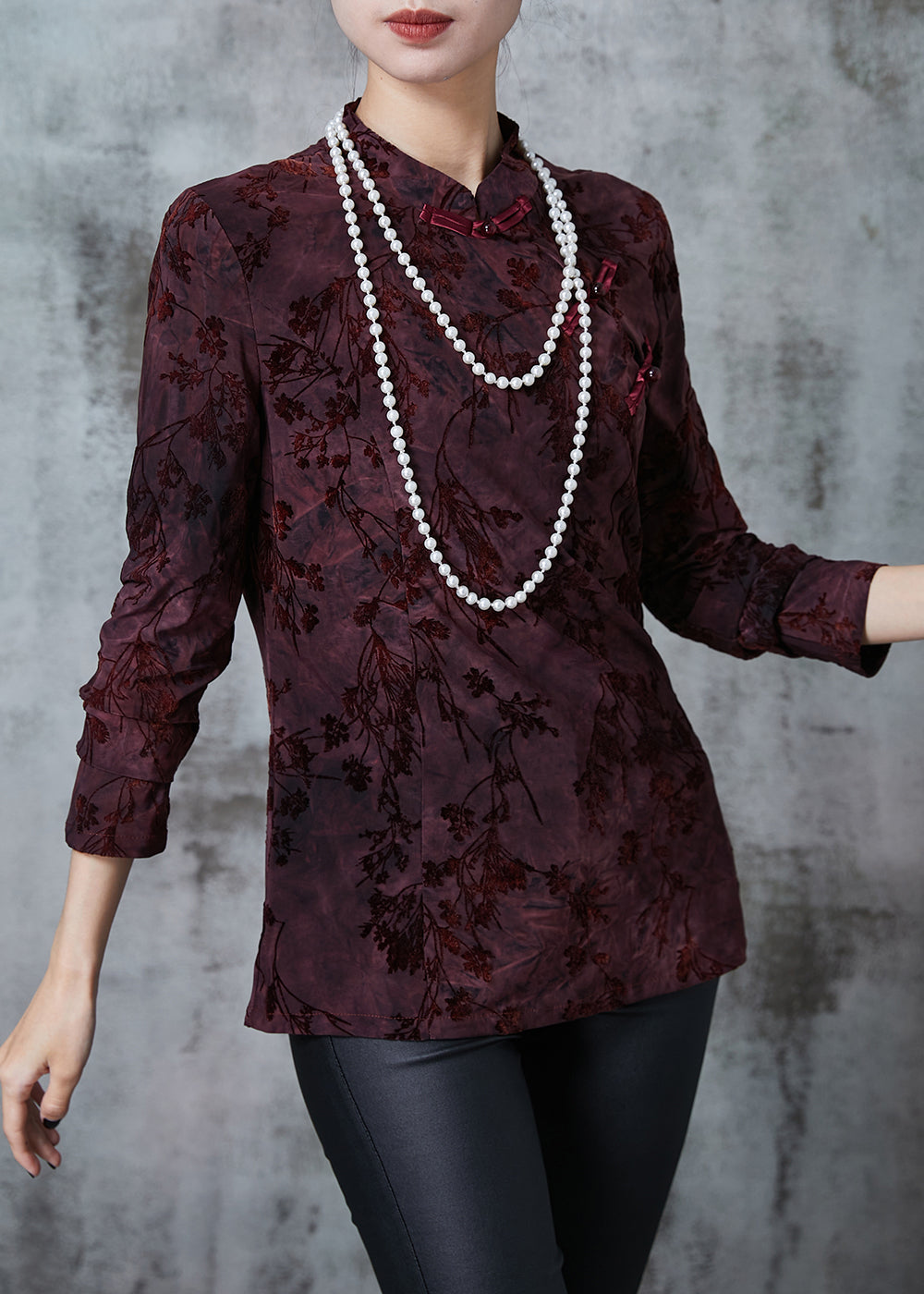 Dull Purple Mandarin Collar Jacquard Velour Oriental Tops Fall