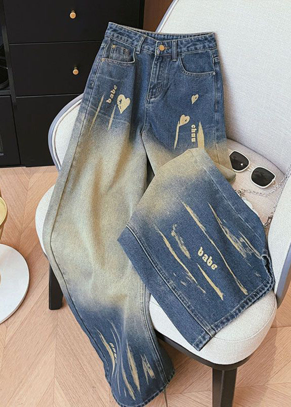 Denim Blue High Waist Pockets Tie Dye Wide Leg Pants Winter