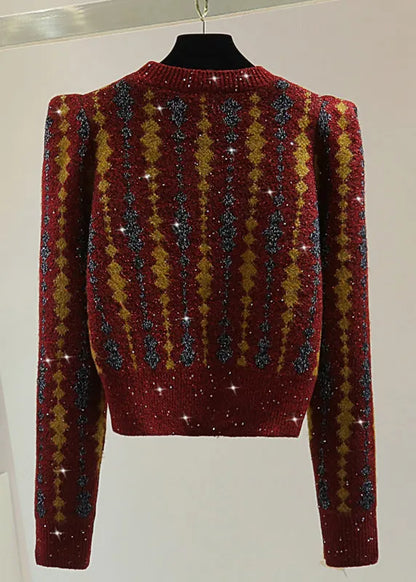 Classy Red Striped Sequins Cotton Knit Sweater Puff Sleeve