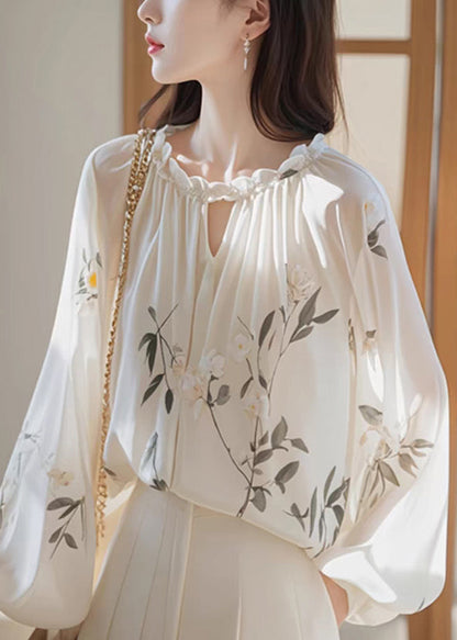White Ruffled Print Chiffon Shirt Fall