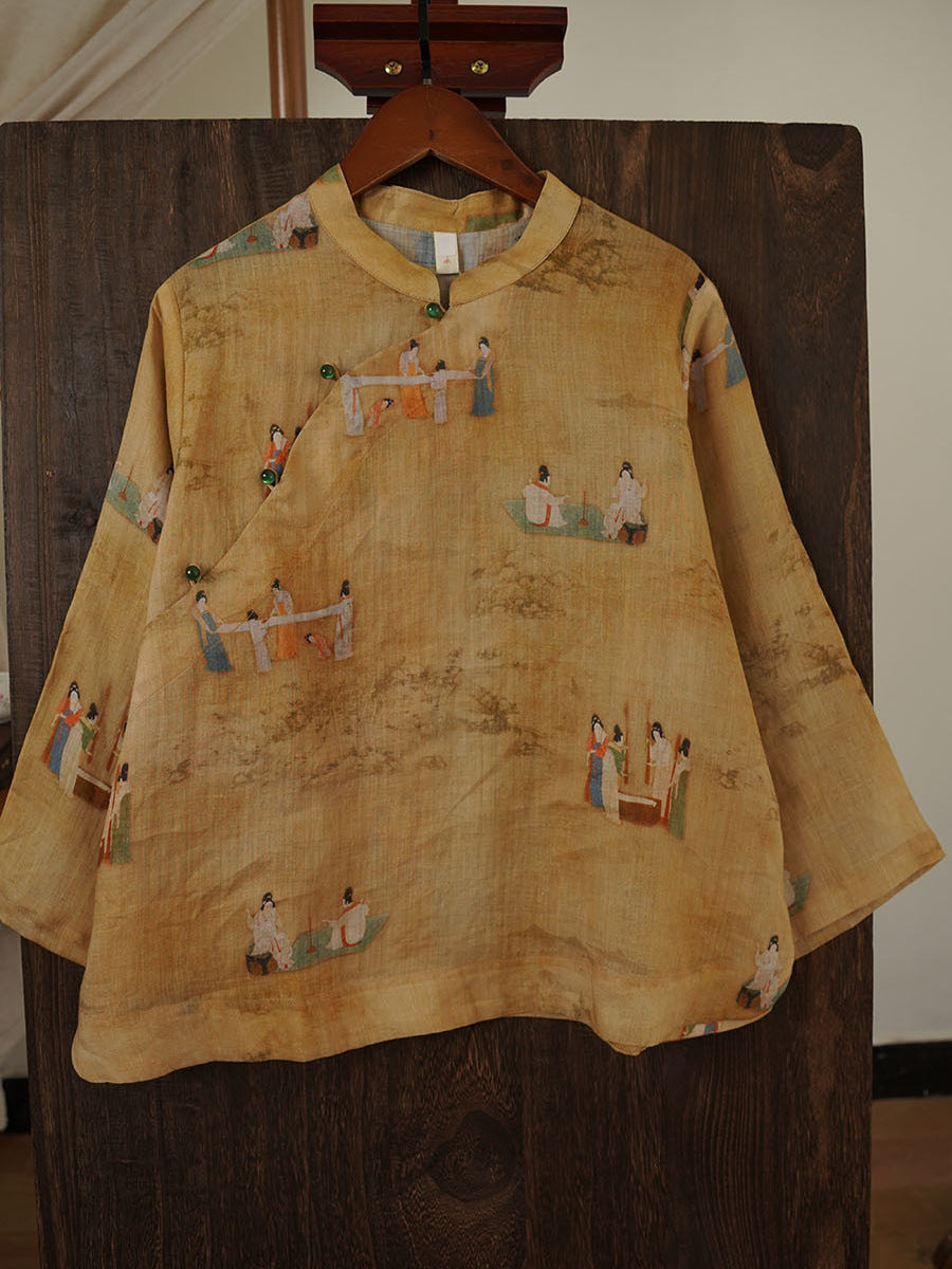 Print Ramie Stand Collar Loose Shirt