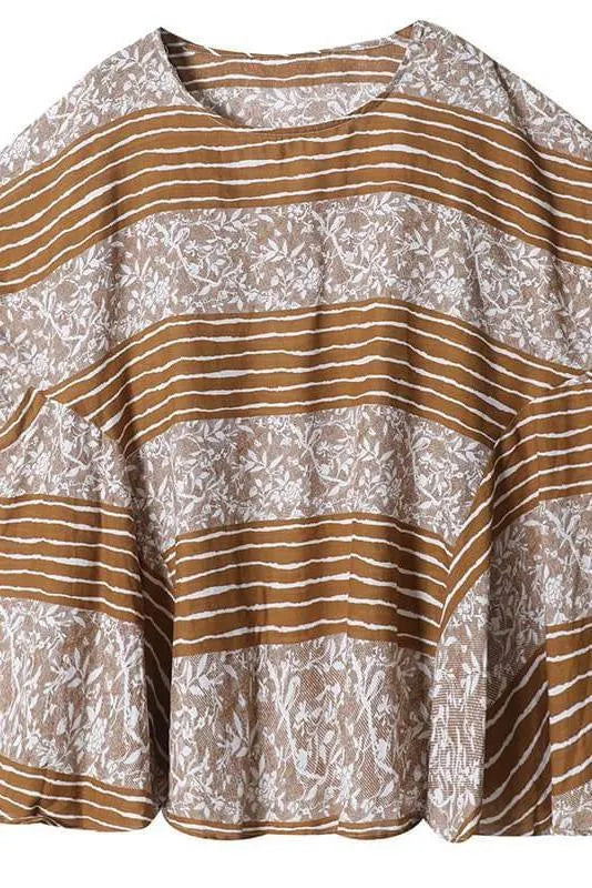Leaf Stripes Color Patchwork Print T-shirt