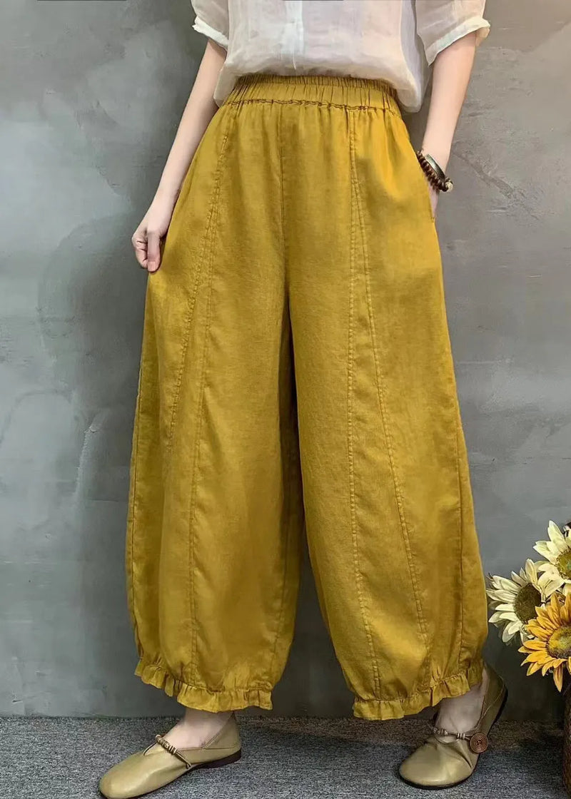 Handmade Yellow Ruffled Oversized Linen Harem Pants Summer