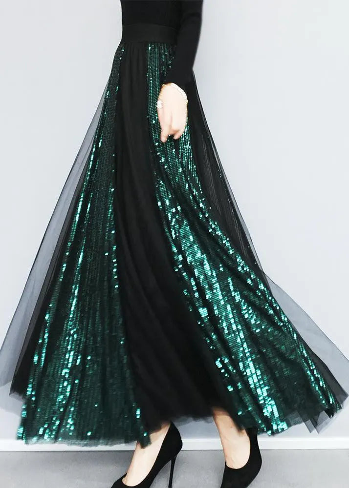 Blackish Green Sequins Patchwork Tulle Skirts Spring