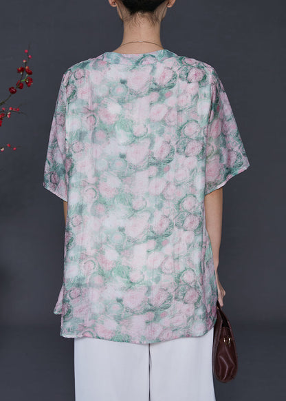 Green Oversized Print Cotton Blouses Summer