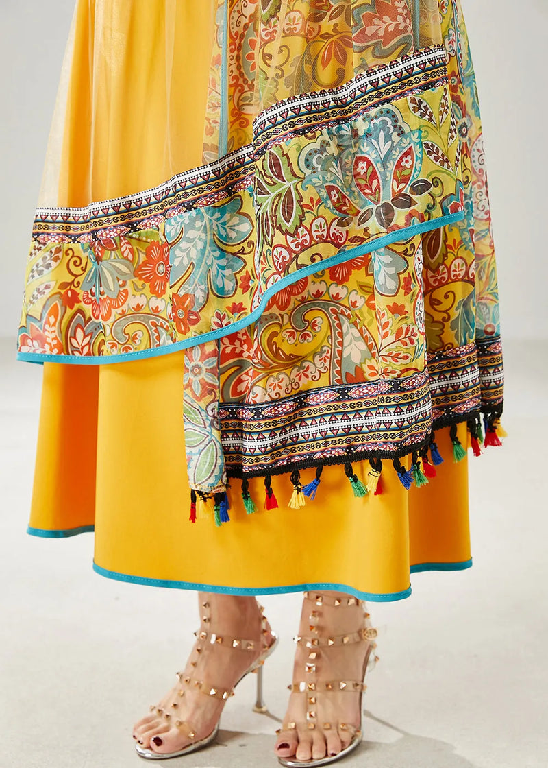 Yellow Tasseled Patchwork Tulle Skirt Summer