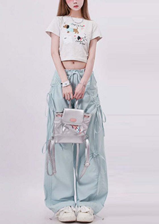 Light Blue Tie Waist Bow Cotton Pants Spring