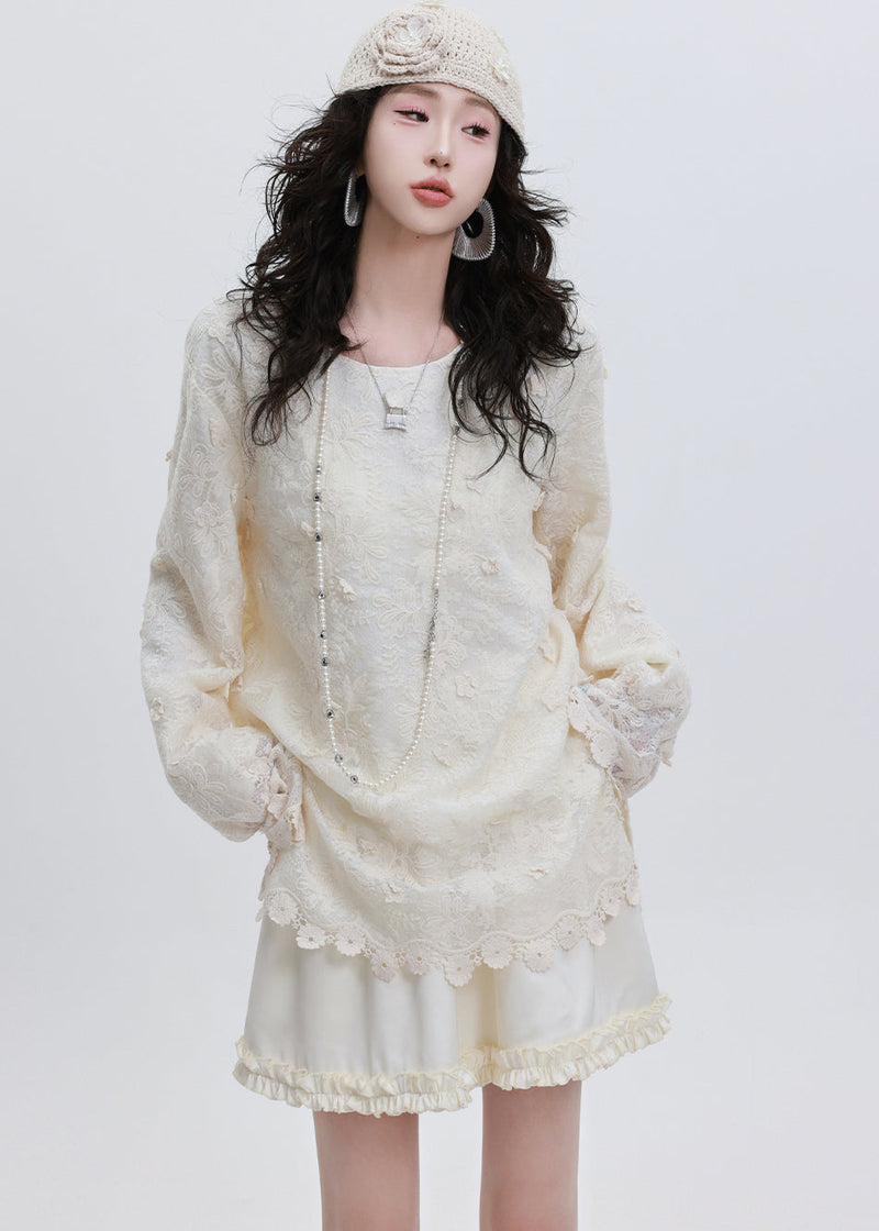 Classy White Embroidered Lace Blouse Tops Spring