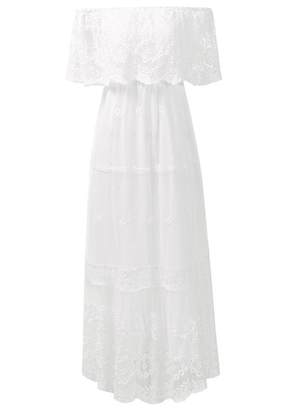 White Slash Neck Wrinkled Patchwork Lace Dress Summer