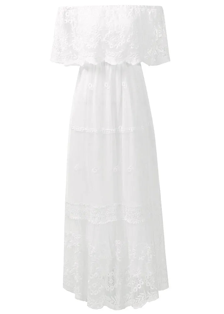 White Slash Neck Wrinkled Patchwork Lace Dress Summer