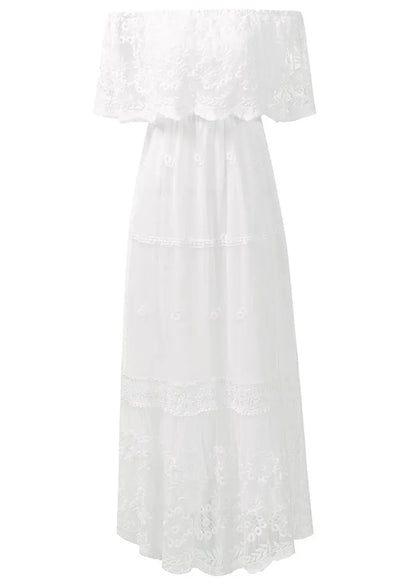 White Slash Neck Wrinkled Patchwork Lace Dress Summer