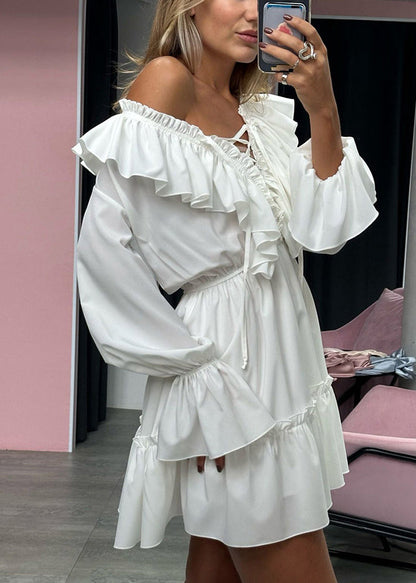 White Lace Up Cotton Mid Dress Ruffled Spring
